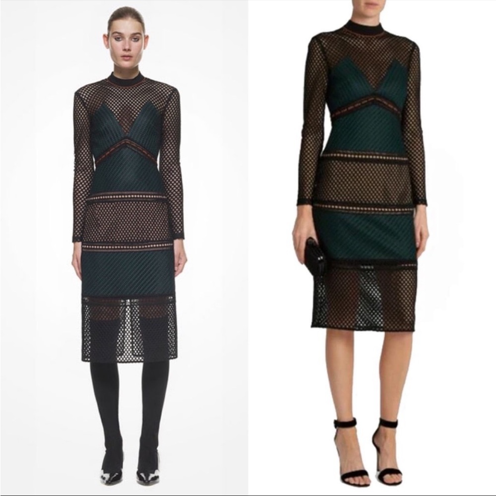 Self Portrait Resort Collection Black Green Mock Neck Midi Dress